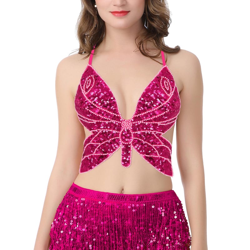 Mocure Women's Butterfly Sequin Crop Top - Sexy Sleeveless Halter Rave Wrap Tube Vest for Belly Dance & Outfits - Image 2